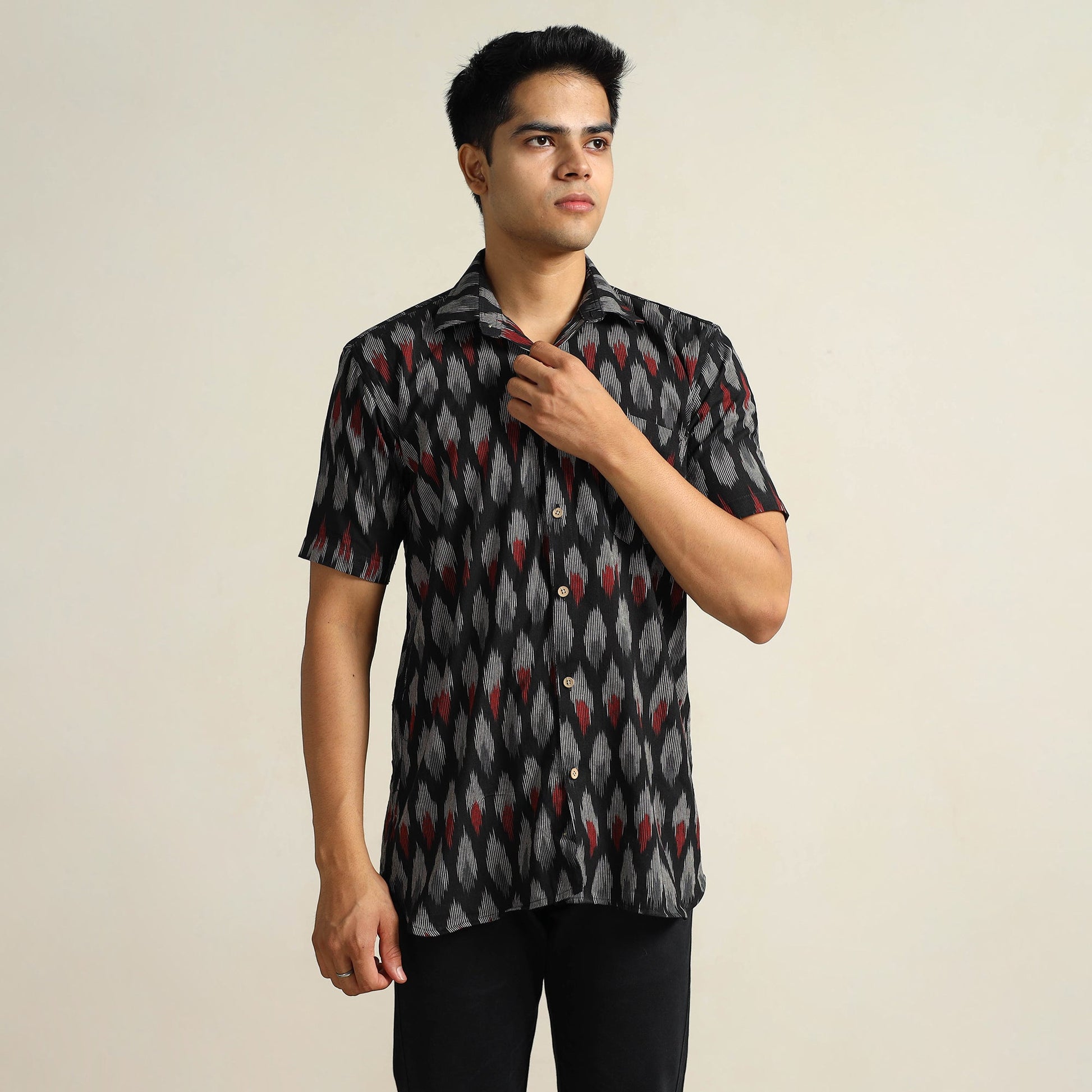 Black - Pochampally Ikat Weave Cotton Men Half Sleeve Shirt 08