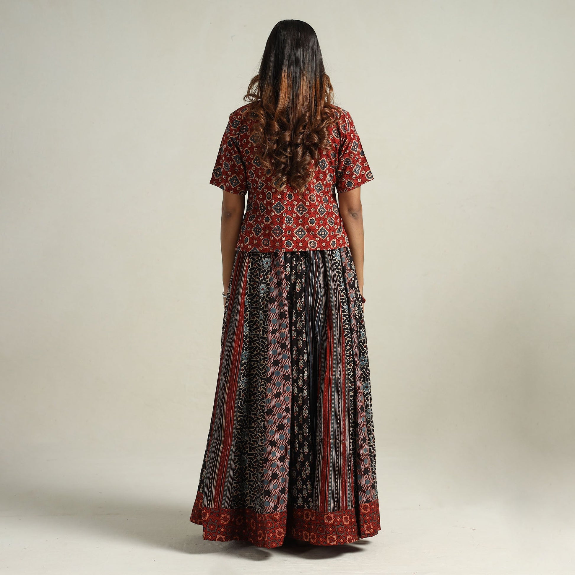 Black - Ajrakh Block Printed 24 Kali Patchwork Cotton Long Skirt 08