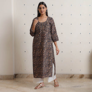 Black - Pedana Kalamkari Block Printed Cotton Pintuck Straight Kurta 11