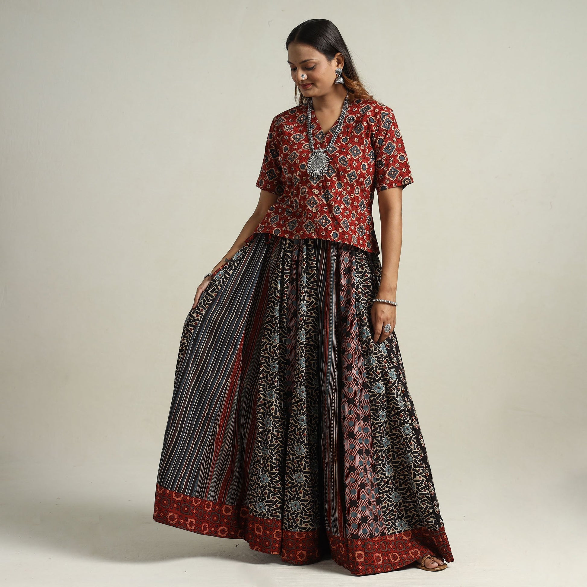 Black - Ajrakh Block Printed 24 Kali Patchwork Cotton Long Skirt 08
