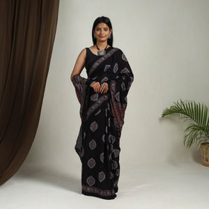 Black - Mul Cotton Block Print Ajrakh Saree 11