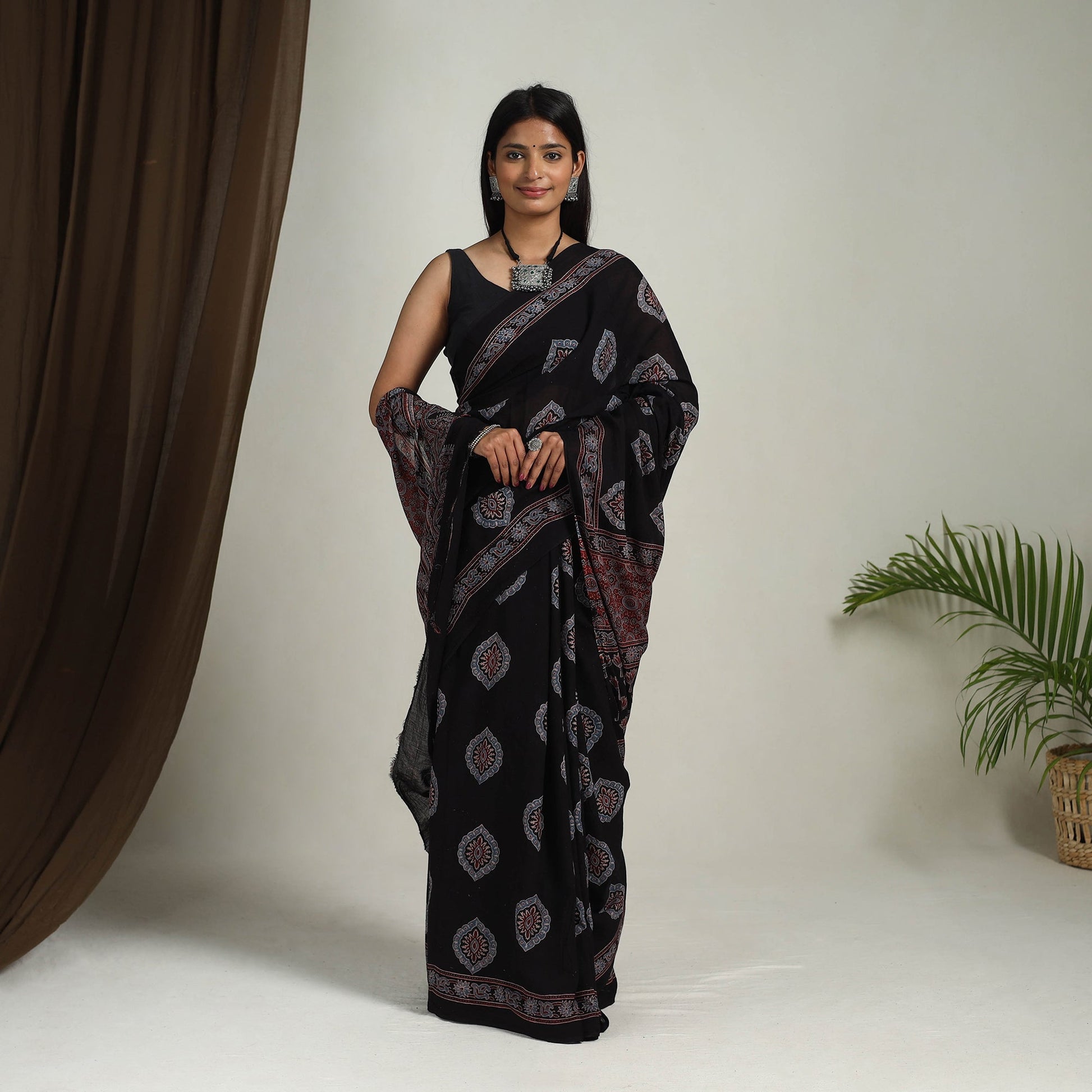Black - Mul Cotton Block Print Ajrakh Saree 11