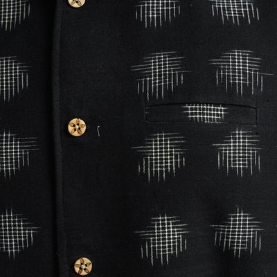 Black - Pochampally Double Ikat Handloom Cotton Men Nehru Jacket