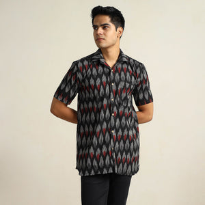 Black - Pochampally Ikat Weave Cotton Men Half Sleeve Shirt 08