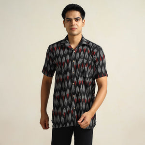 Black - Pochampally Ikat Weave Cotton Men Half Sleeve Shirt 08