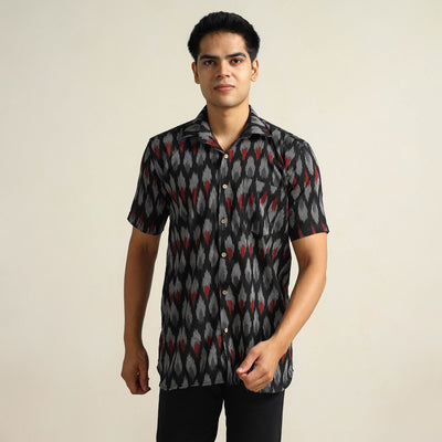 Black - Pochampally Ikat Weave Cotton Men Half Sleeve Shirt 08