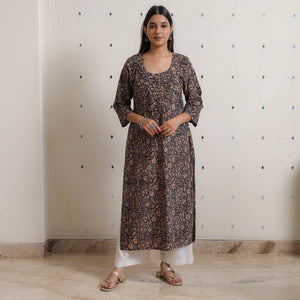 Black - Pedana Kalamkari Block Printed Cotton Pintuck Straight Kurta 11