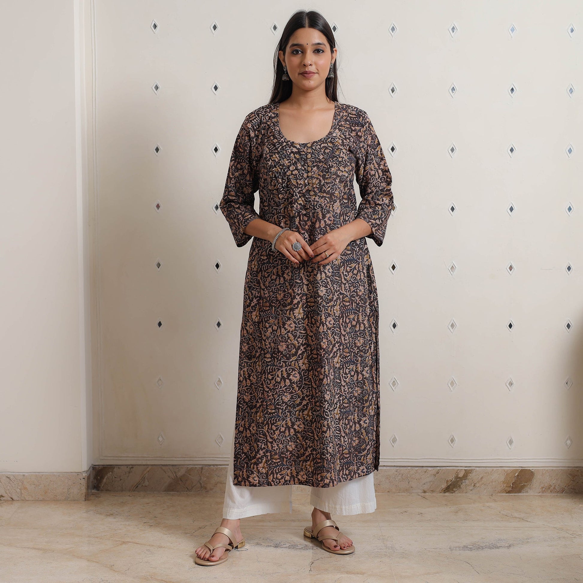 Black - Pedana Kalamkari Block Printed Cotton Pintuck Straight Kurta 11