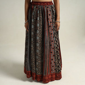 Black - Ajrakh Block Printed 24 Kali Patchwork Cotton Long Skirt 08