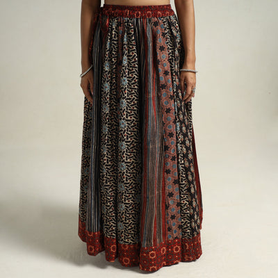 Black - Ajrakh Block Printed 24 Kali Patchwork Cotton Long Skirt 08