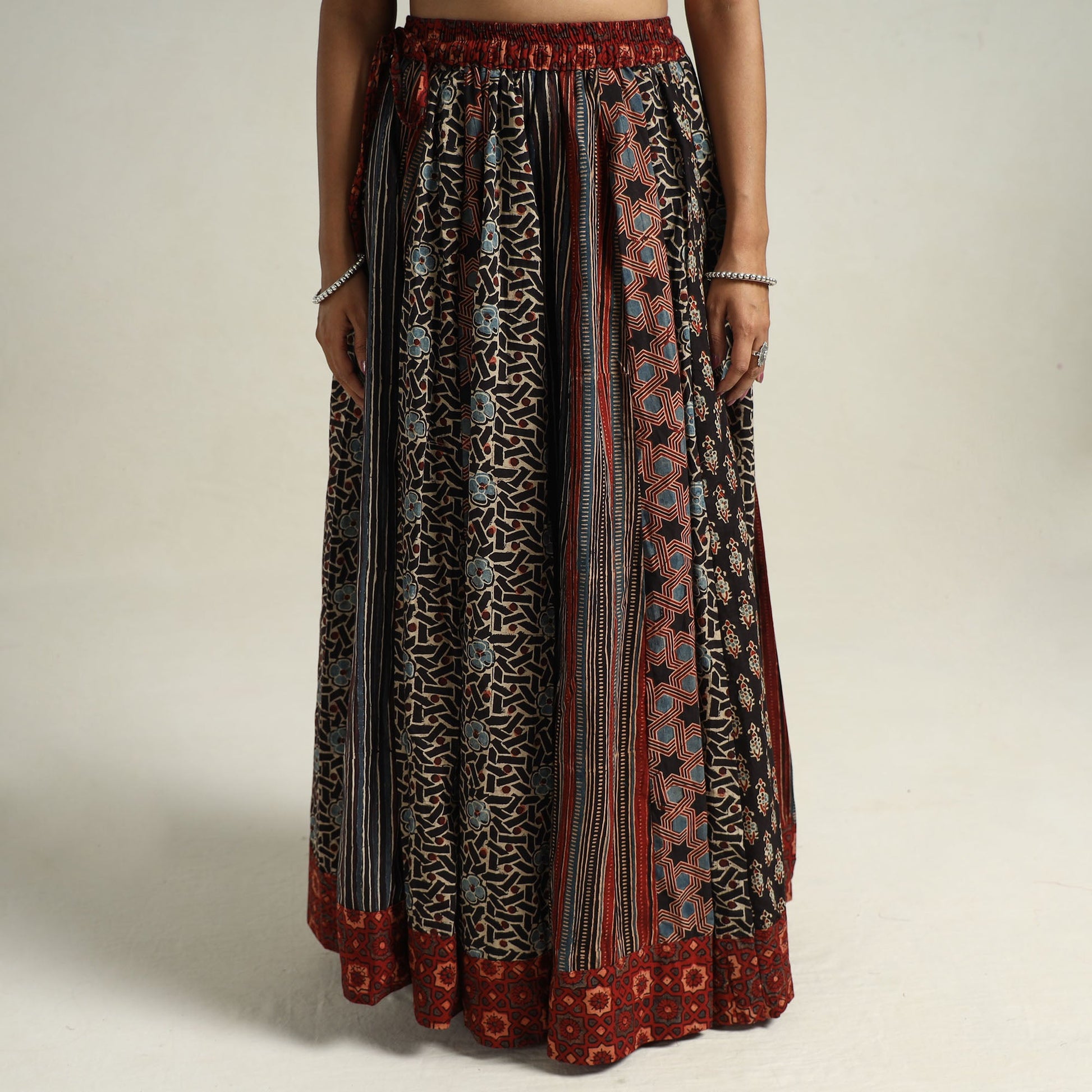 Black - Ajrakh Block Printed 24 Kali Patchwork Cotton Long Skirt 08