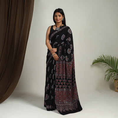 Black - Mul Cotton Block Print Ajrakh Saree 11