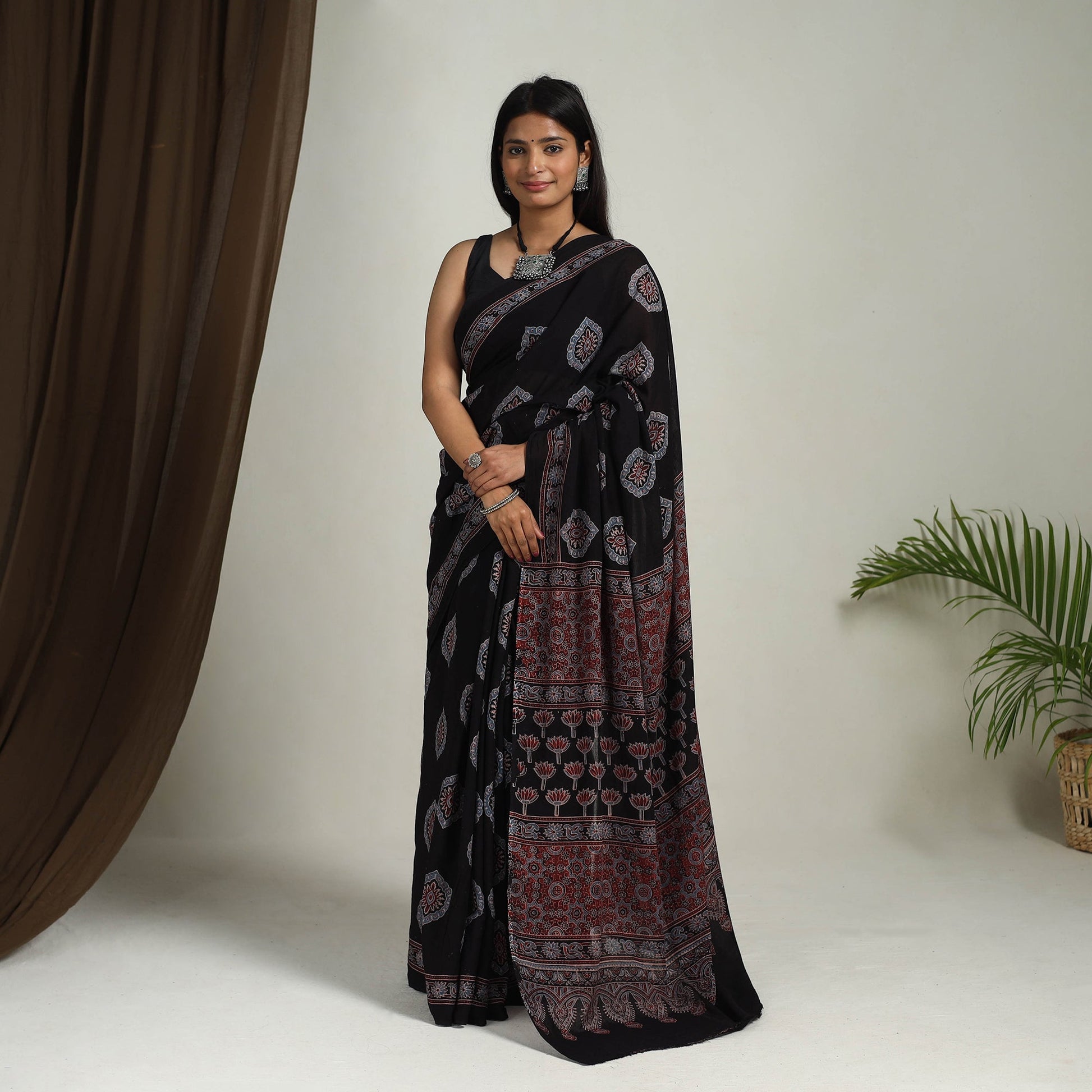 Black - Mul Cotton Block Print Ajrakh Saree 11