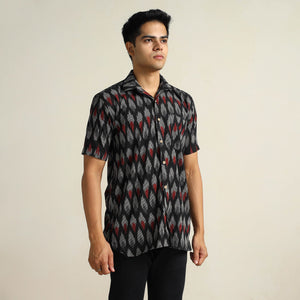 Black - Pochampally Ikat Weave Cotton Men Half Sleeve Shirt 08