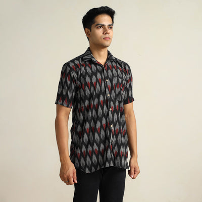 Black - Pochampally Ikat Weave Cotton Men Half Sleeve Shirt 08