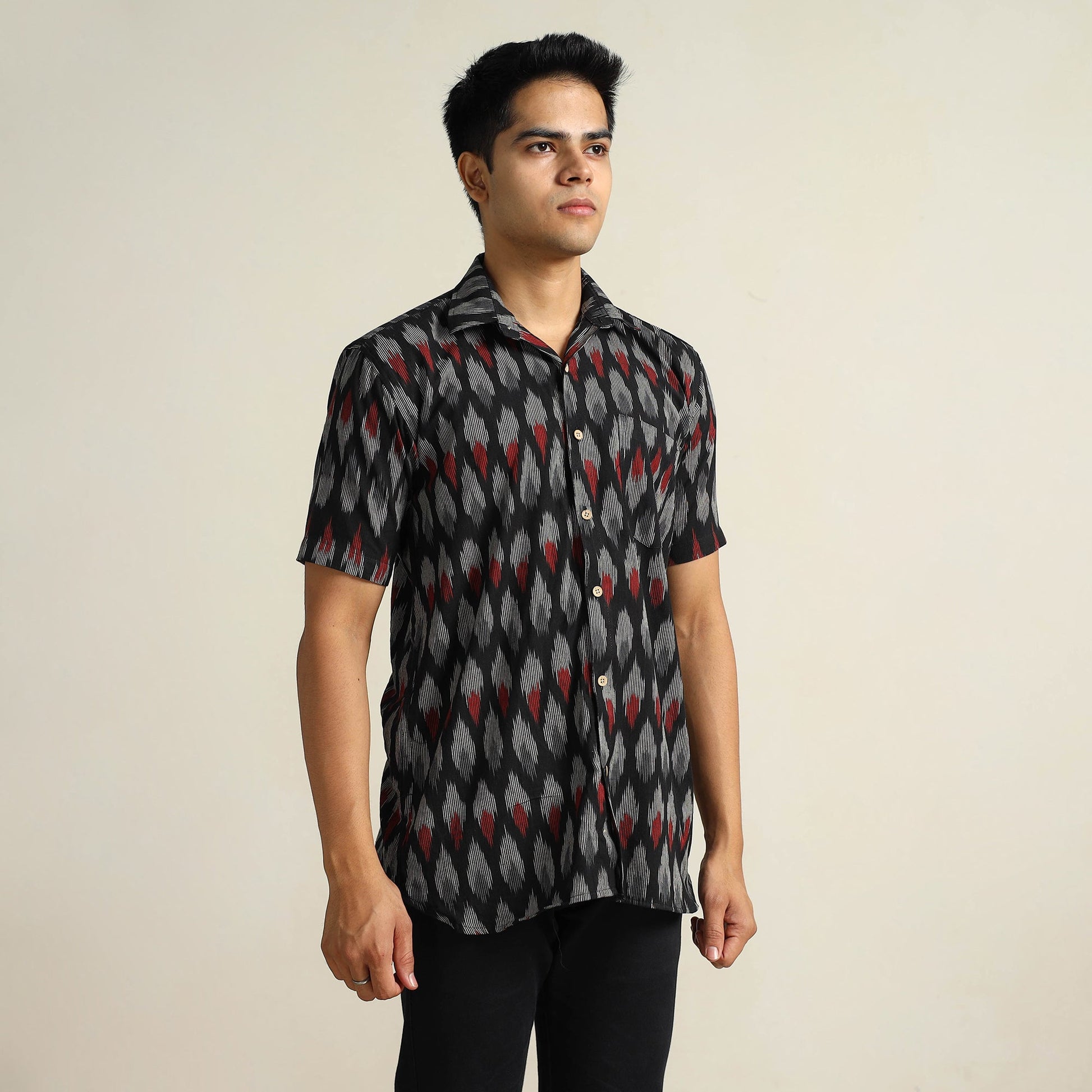 Black - Pochampally Ikat Weave Cotton Men Half Sleeve Shirt 08