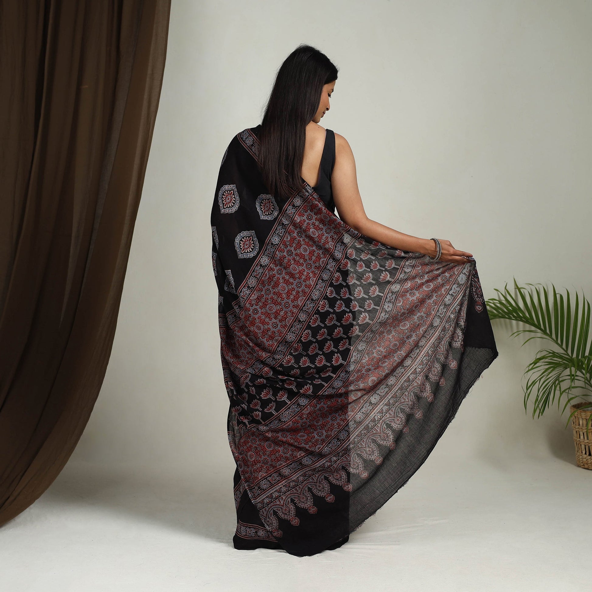 Black - Mul Cotton Block Print Ajrakh Saree 11