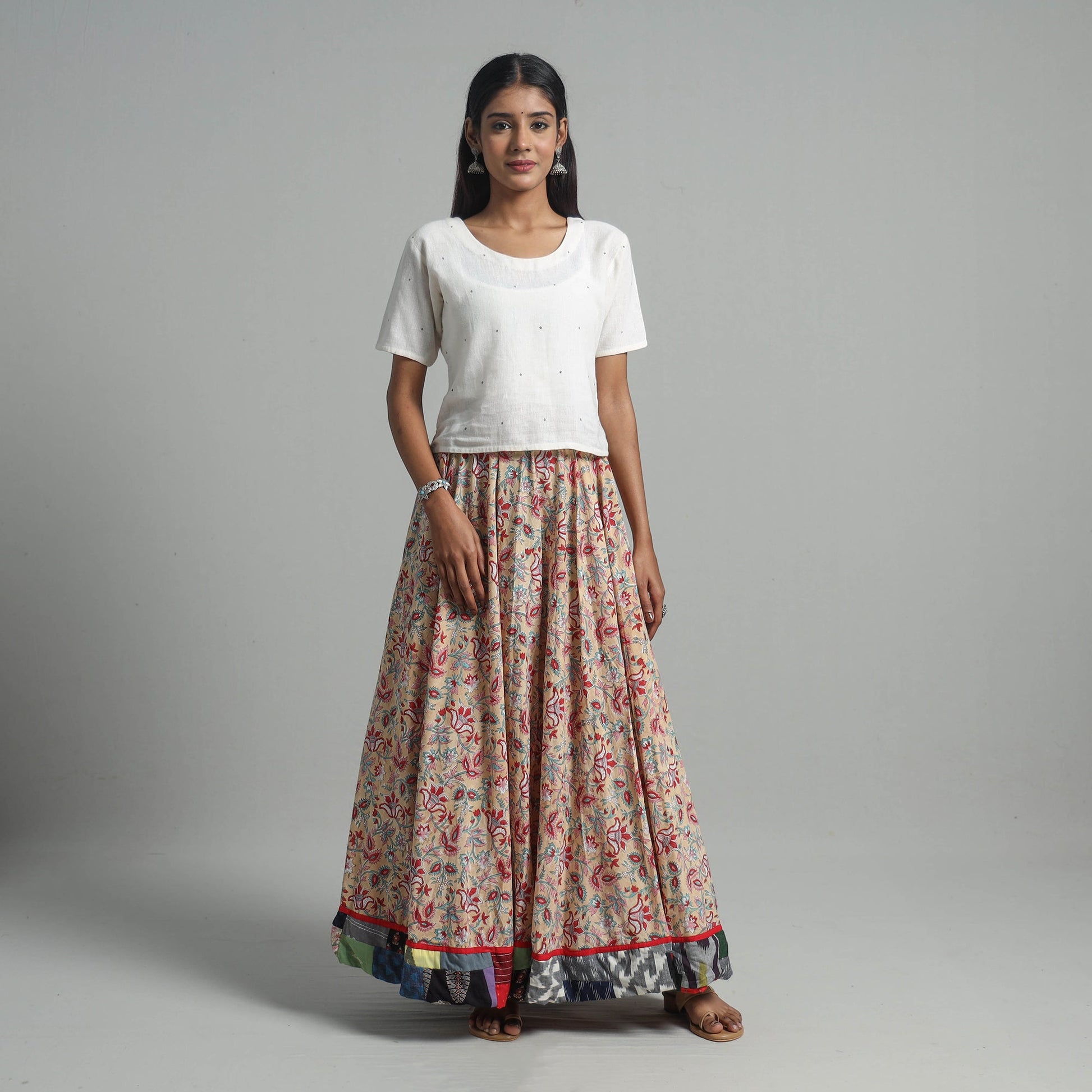 Brown - Sanganeri Block Print Cotton Long Skirt 02