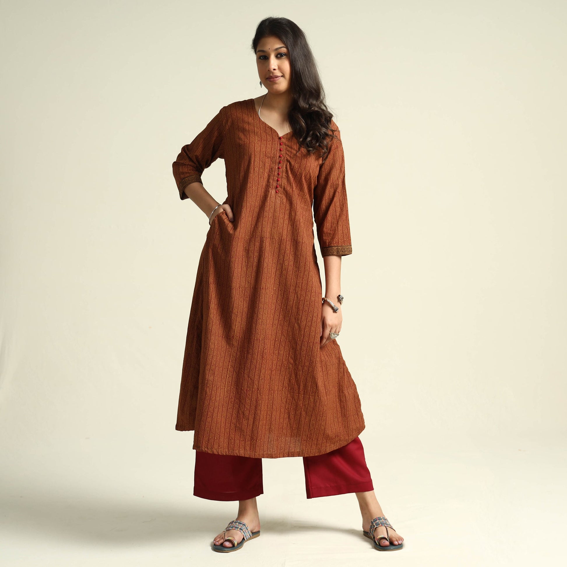 Brown - Bagh Block Printed Cotton Kurta with Palazzo Set