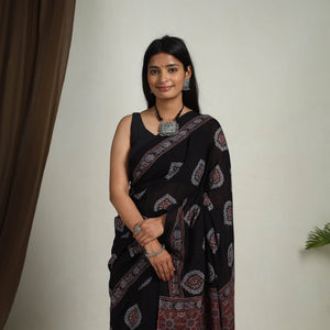 Black - Mul Cotton Block Print Ajrakh Saree 11