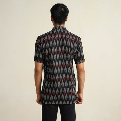 Black - Pochampally Ikat Weave Cotton Men Half Sleeve Shirt 08