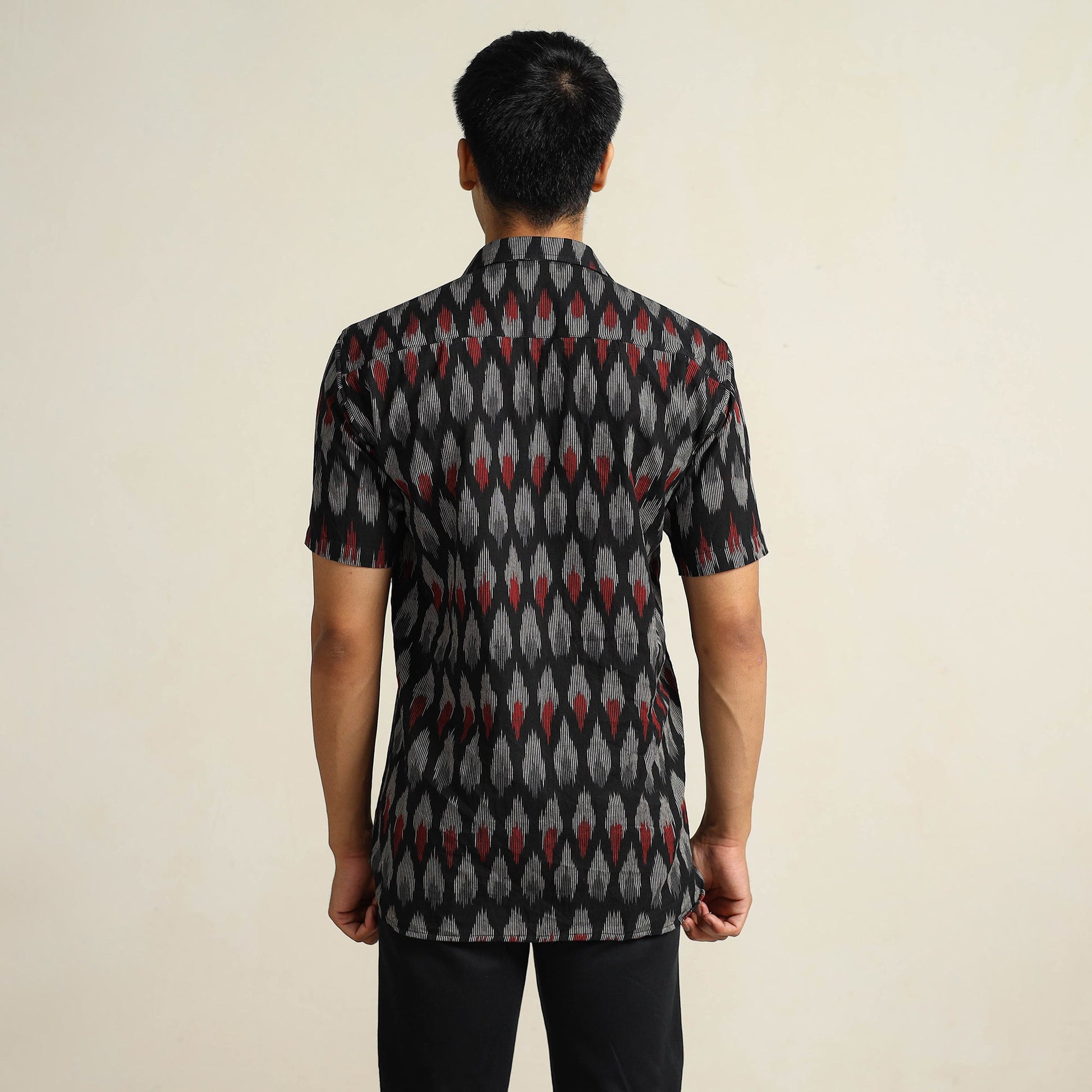 Black - Pochampally Ikat Weave Cotton Men Half Sleeve Shirt 08
