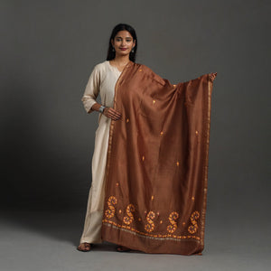 Brown - Hand Embroidered Chanderi Silk Handloom Kashida Dupatta 53