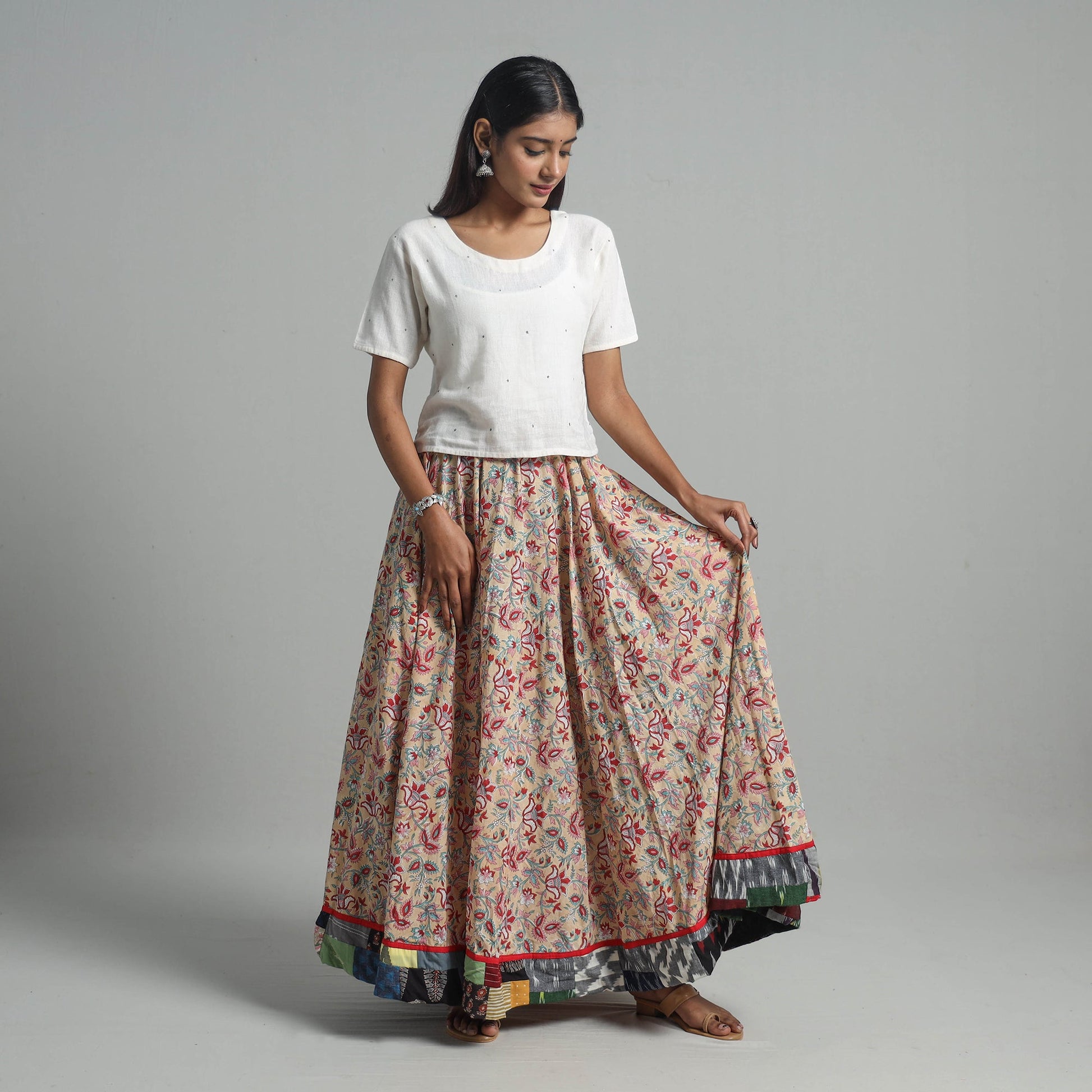Brown - Sanganeri Block Print Cotton Long Skirt 02