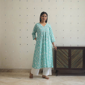 Aqua Blue - Block Print Cotton A-Line Sanganeri Kurta 16