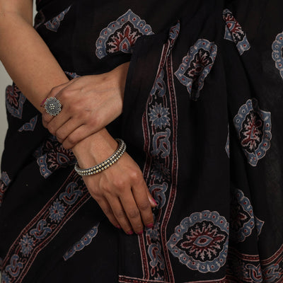 Black - Mul Cotton Block Print Ajrakh Saree 11