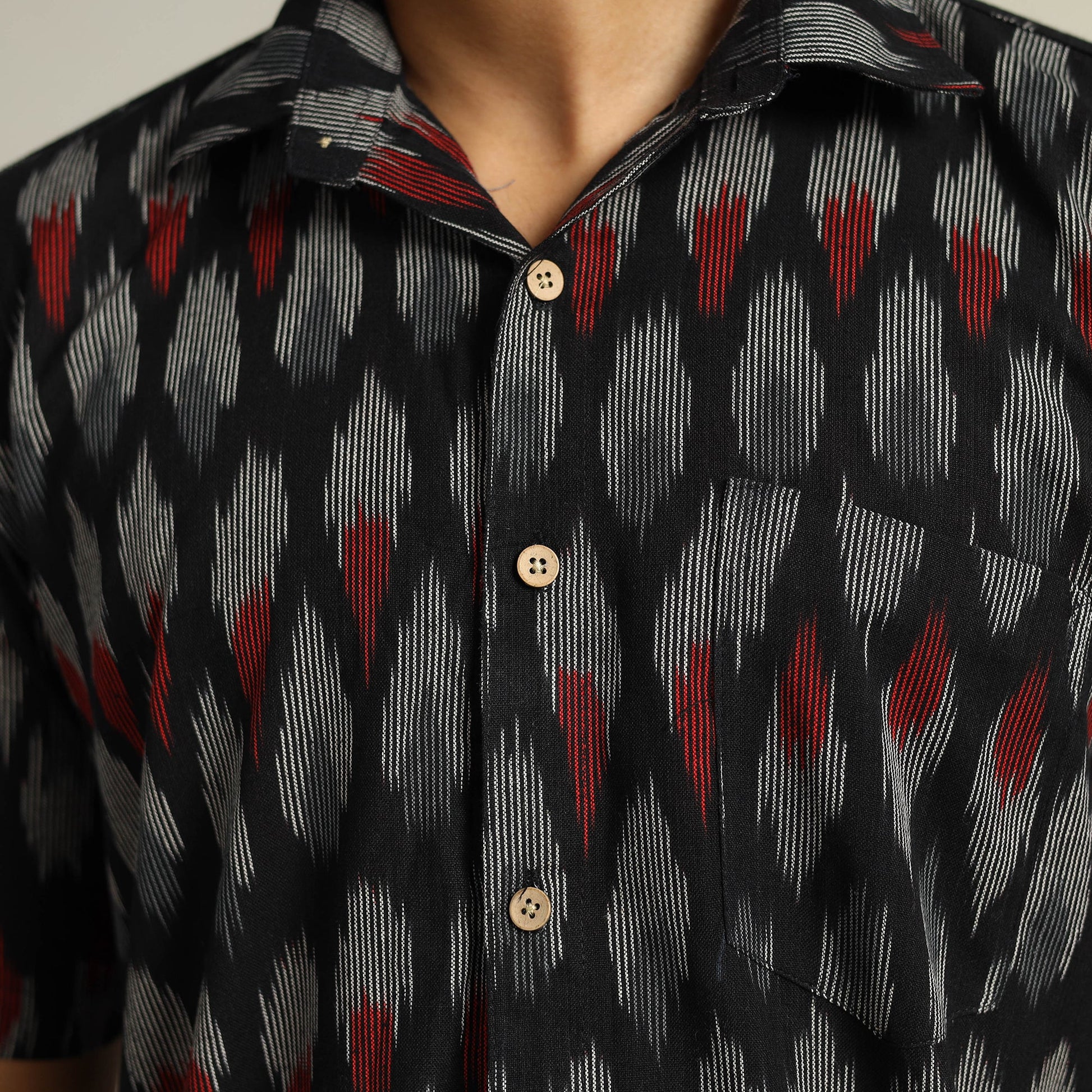 Black - Pochampally Ikat Weave Cotton Men Half Sleeve Shirt 08