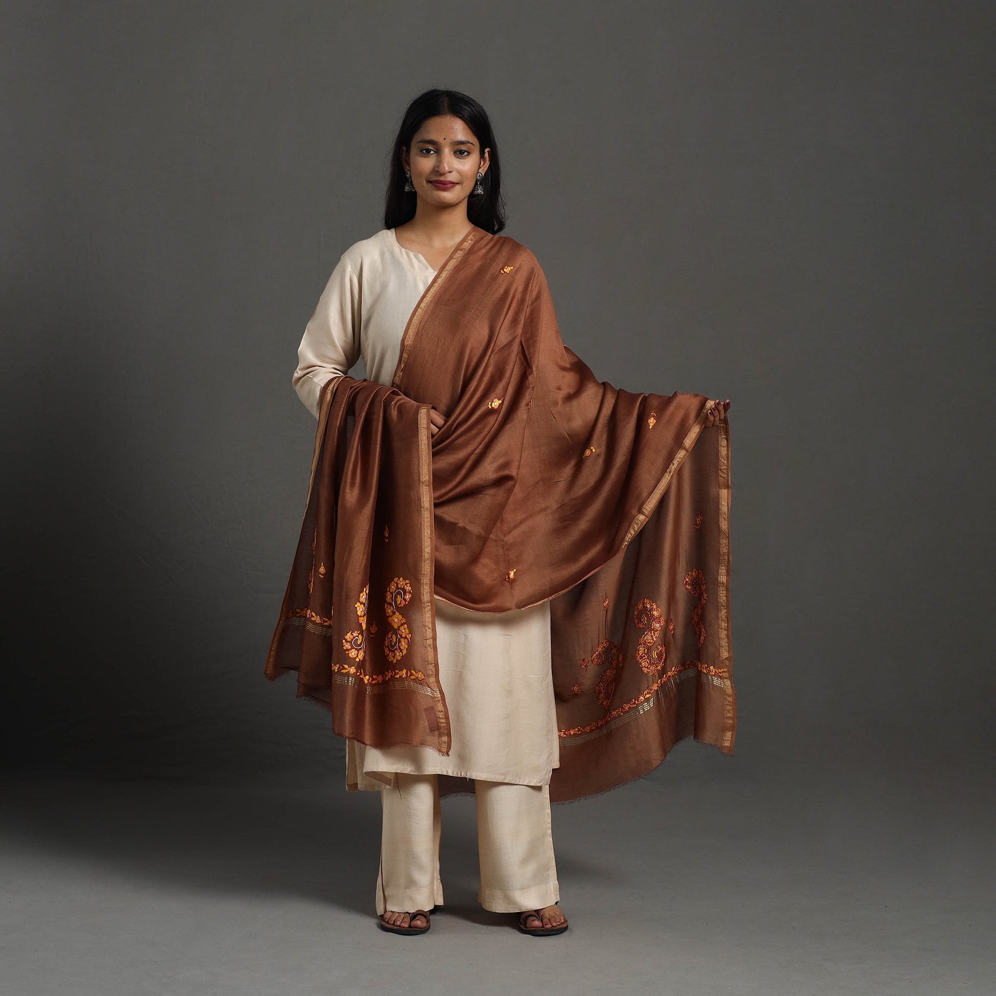 Brown - Hand Embroidered Chanderi Silk Handloom Kashida Dupatta 53