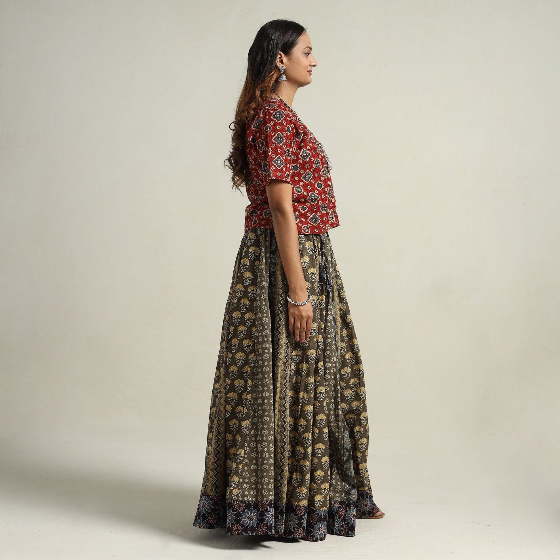 Brown - Ajrakh Block Printed 24 Kali Patchwork Cotton Long Skirt 09