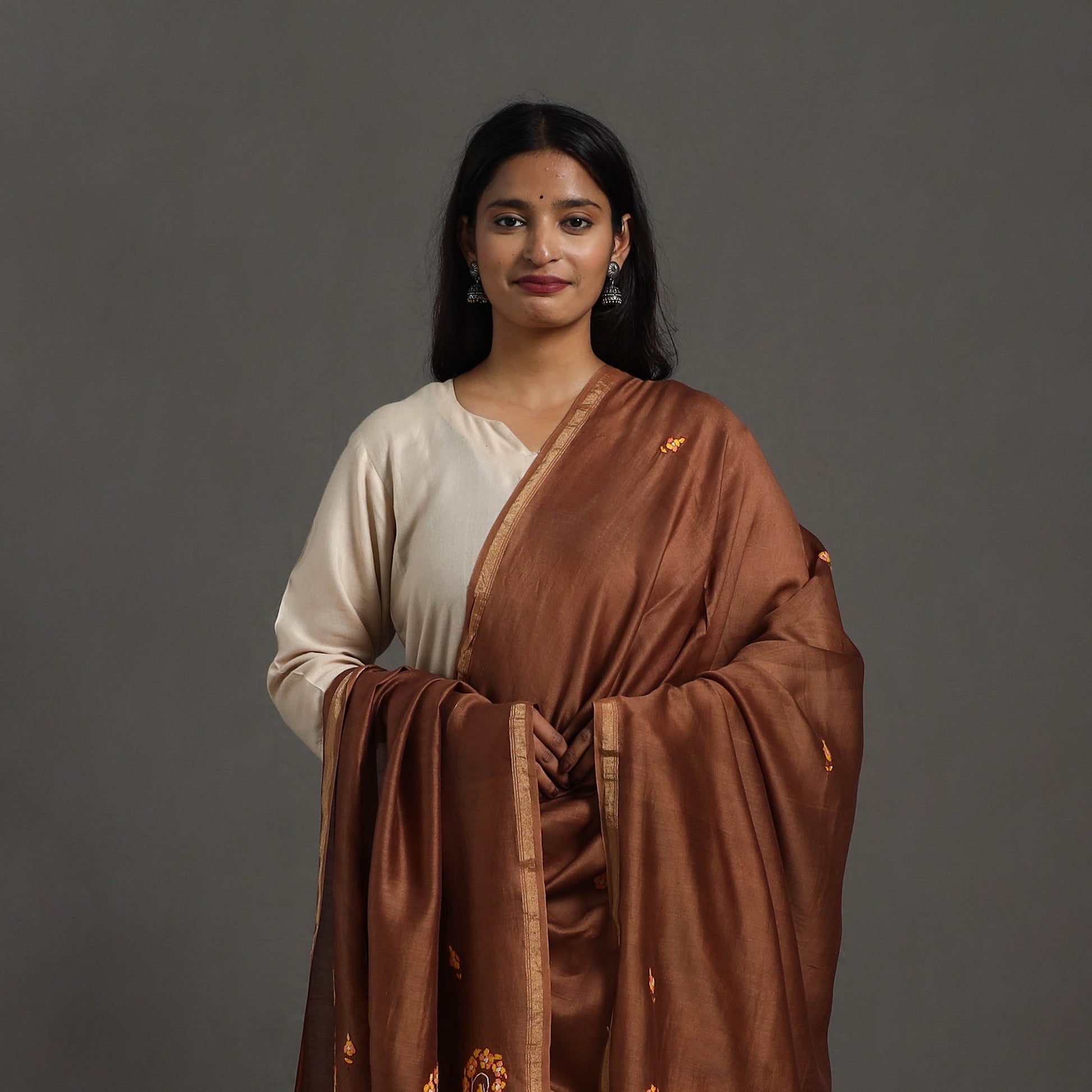 Brown - Hand Embroidered Chanderi Silk Handloom Kashida Dupatta 53