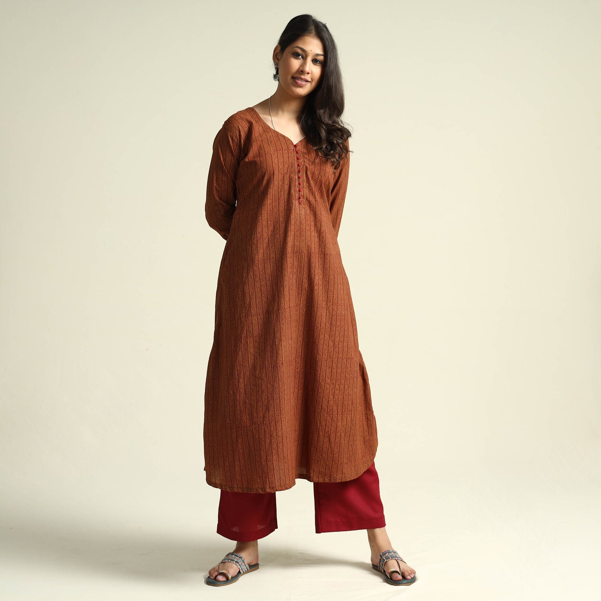 Brown - Bagh Block Printed Cotton Kurta with Palazzo Set