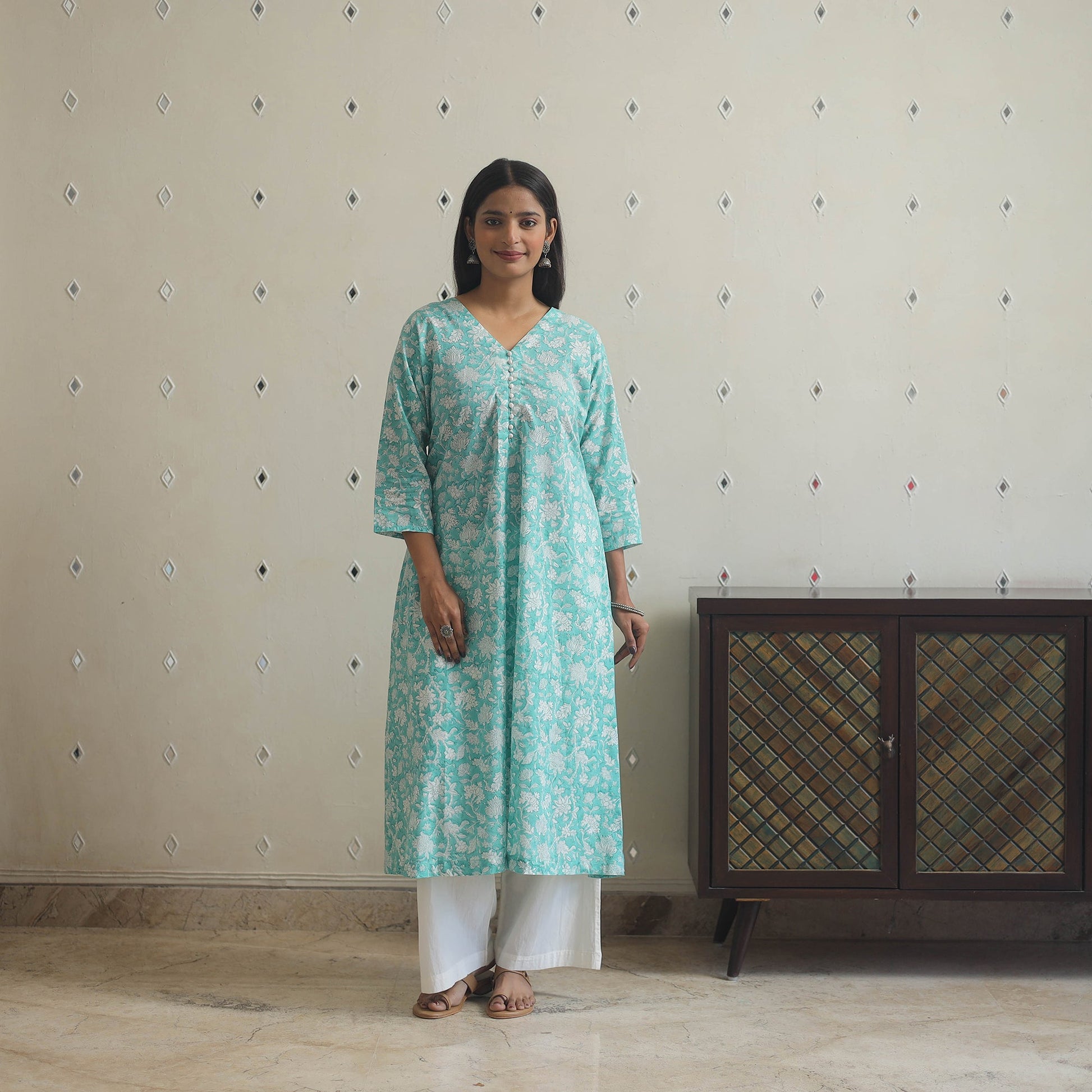 Aqua Blue - Block Print Cotton A-Line Sanganeri Kurta 16