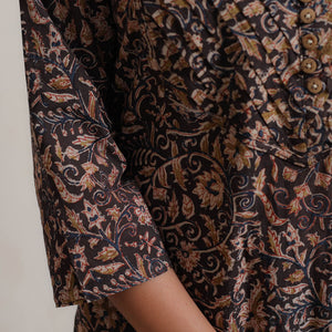 Black - Pedana Kalamkari Block Printed Cotton Pintuck Straight Kurta 11