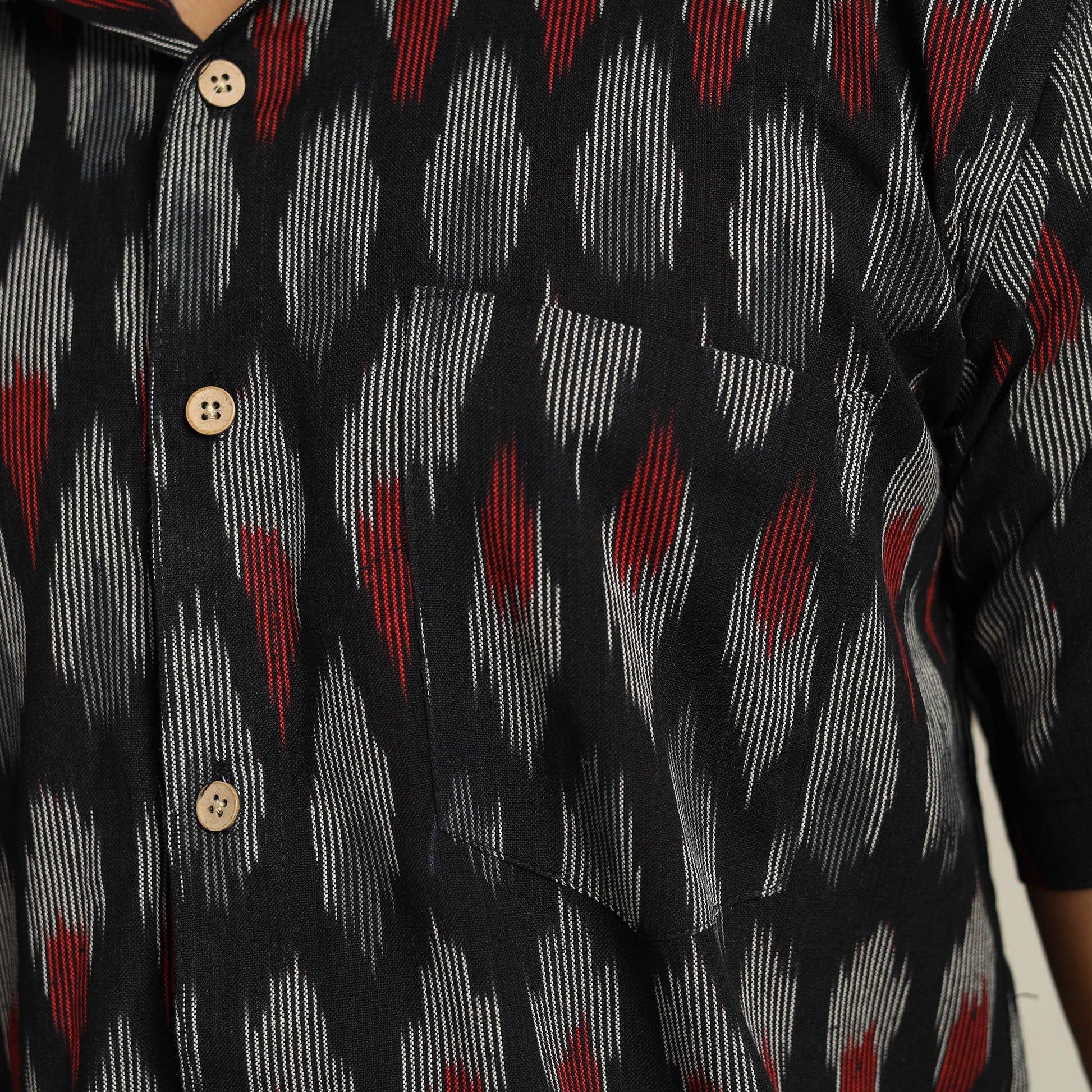 Black - Pochampally Ikat Weave Cotton Men Half Sleeve Shirt 08