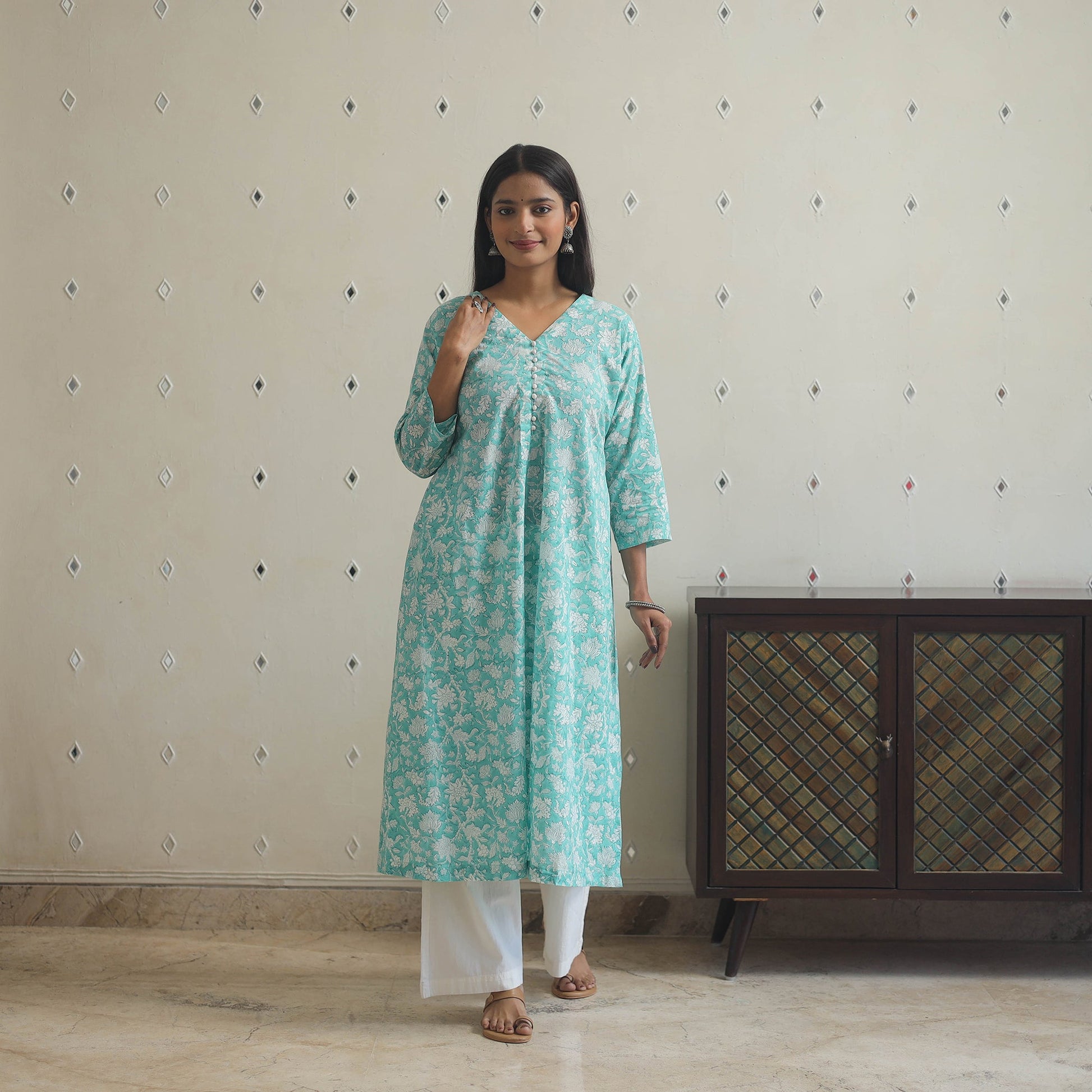 Aqua Blue - Block Print Cotton A-Line Sanganeri Kurta 16