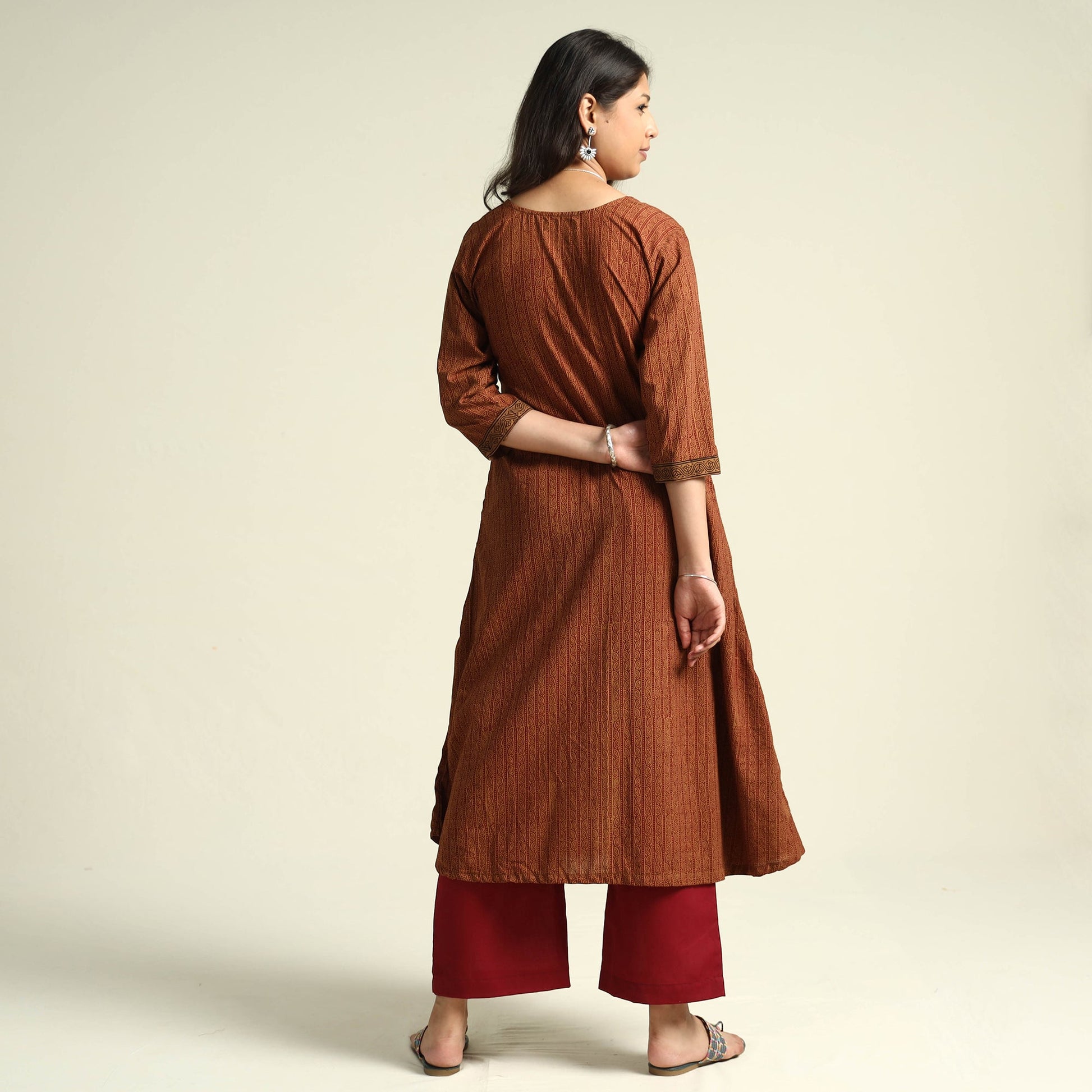 Brown - Bagh Block Printed Cotton Kurta with Palazzo Set