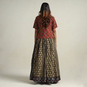 Brown - Ajrakh Block Printed 24 Kali Patchwork Cotton Long Skirt 09