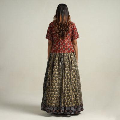 Brown - Ajrakh Block Printed 24 Kali Patchwork Cotton Long Skirt 09