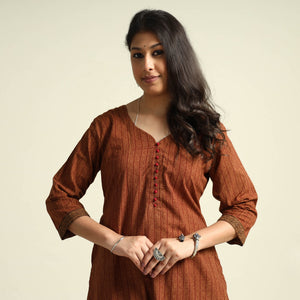 Brown - Bagh Block Printed Cotton Kurta with Palazzo Set