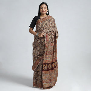 Brown - Pedana Block Print Cotton Kalamkari Saree