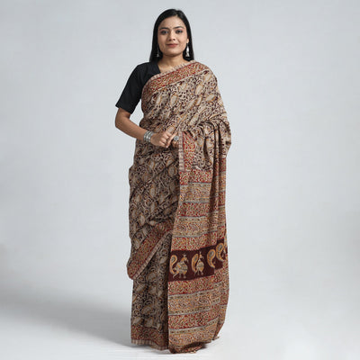 Brown - Pedana Block Print Cotton Kalamkari Saree