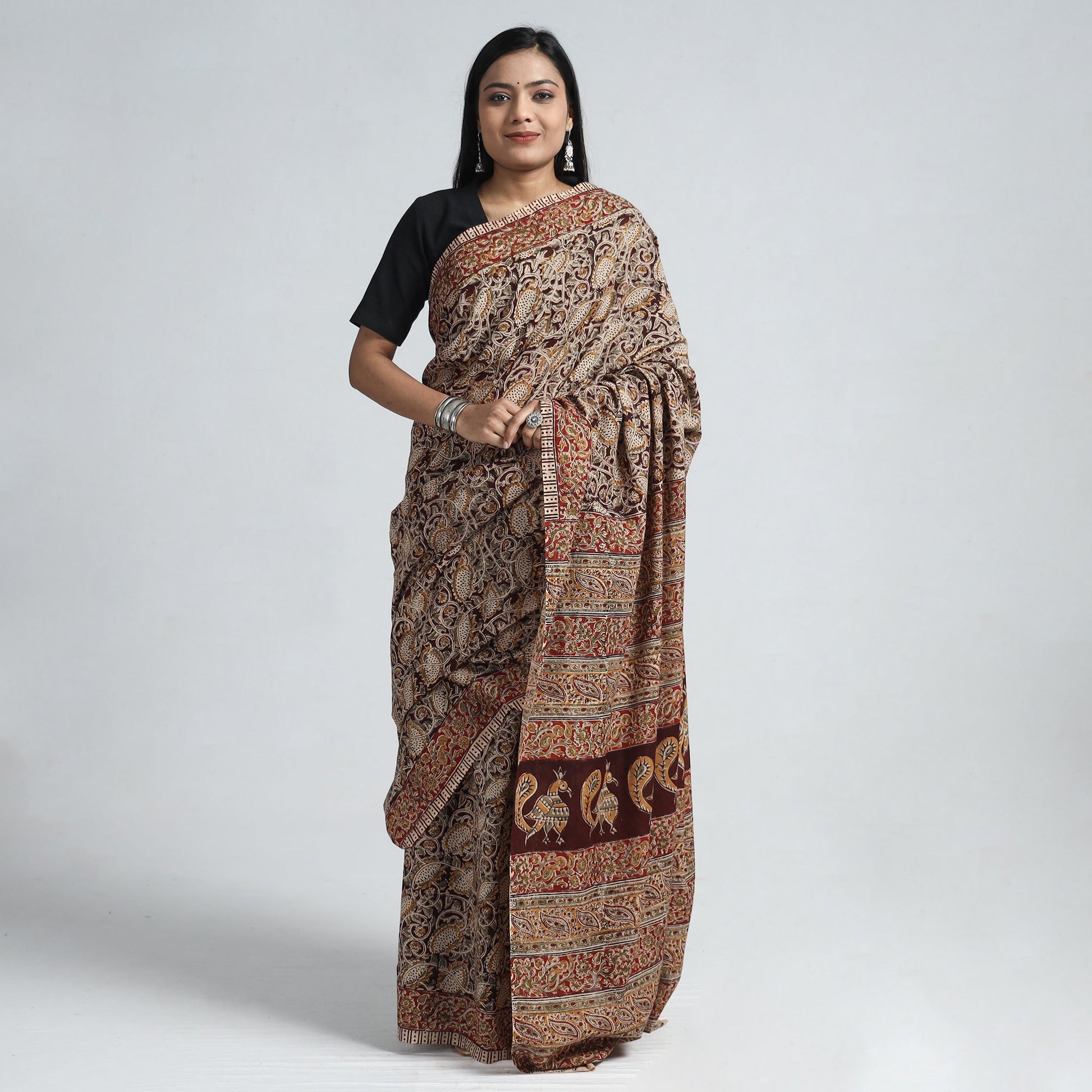 Brown - Pedana Block Print Cotton Kalamkari Saree