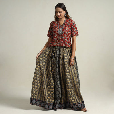 Brown - Ajrakh Block Printed 24 Kali Patchwork Cotton Long Skirt 09