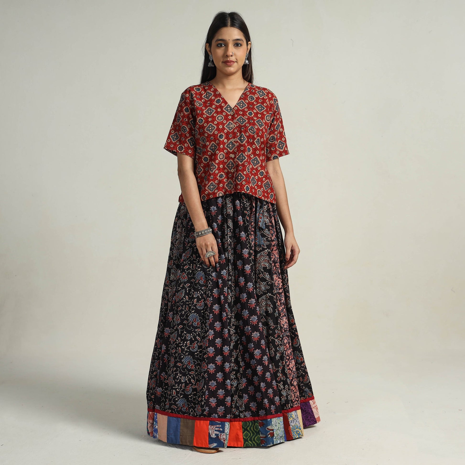 Black - Kutch Block Printed 24 Kali Cotton Long Skirt 24