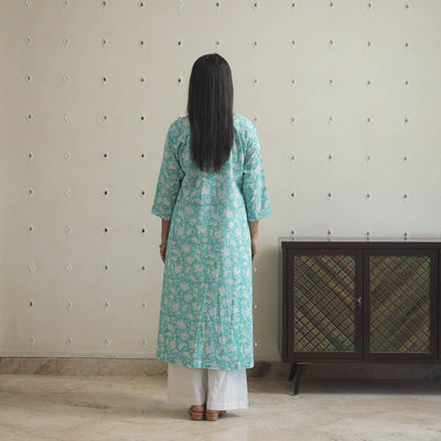 Aqua Blue - Block Print Cotton A-Line Sanganeri Kurta 16