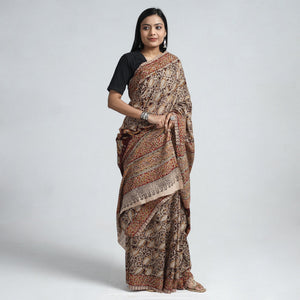 Brown - Pedana Block Print Cotton Kalamkari Saree